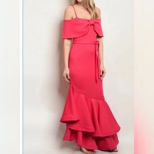Pink Off Shoulder Asymmetrical Tie-front Ruffle Maxi Dress Size S
